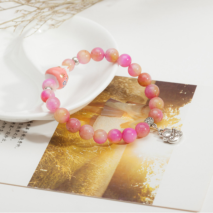 精致天然水晶女士手链 玫红望夫石开运手串 藏银招财猫饰品批发