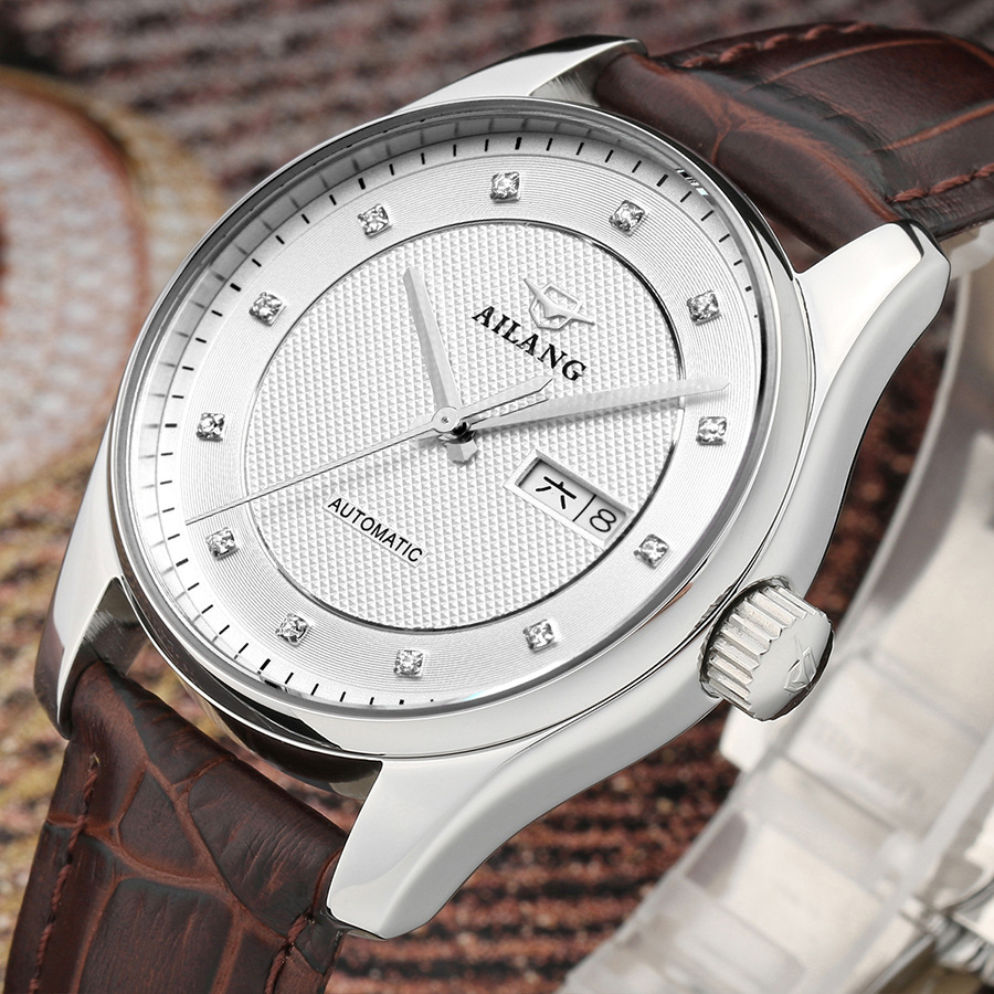 瑞士艾浪6809精钢皮带男士商务双日历机械手表蓝宝石手表批发