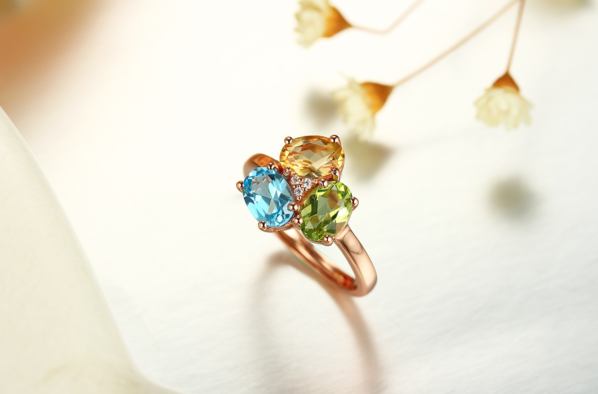 天然宝石戒指女指环18k玫瑰金镶钻彩宝 水晶镀银纯银