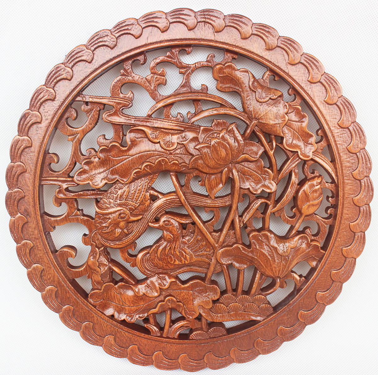 东阳木雕圆形仿古挂件挂屏雕刻香樟木镂空雕刻28cm百年好合