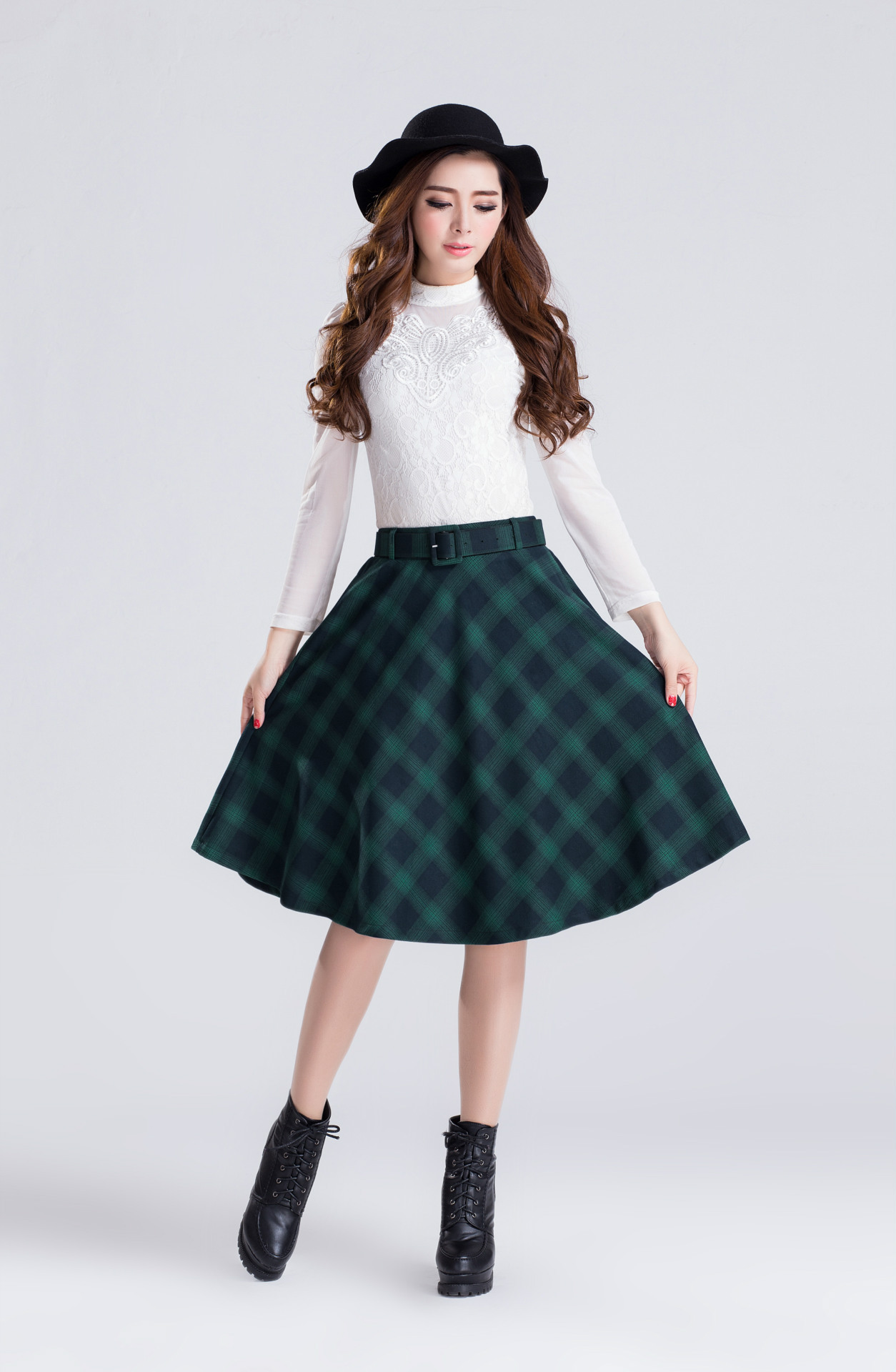 2015秋季新款长版复古格纹大摆伞裙长裙半身裙