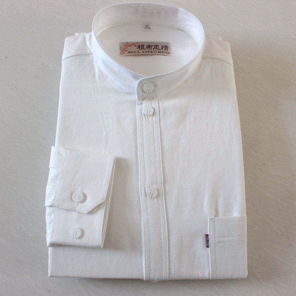 秋冬款老粗布纯棉纯色立领衬衫男士长袖 素色男装单衬衣