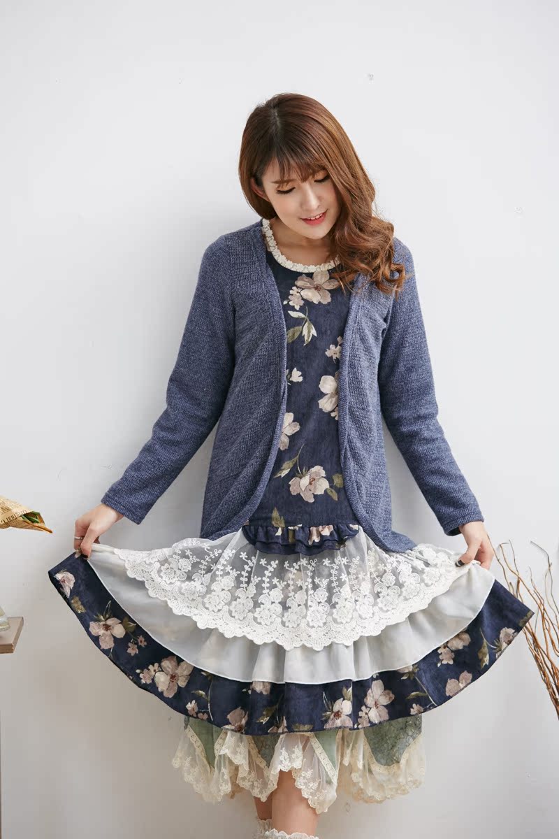 2016春季日本原单正品秋冬长袖连衣裙假两件蕾丝棉麻文艺裙子837