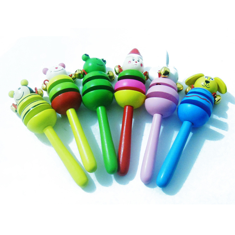 卡通动物造型木质三节小摇铃玩具 锻炼宝宝听觉视觉和动手能力