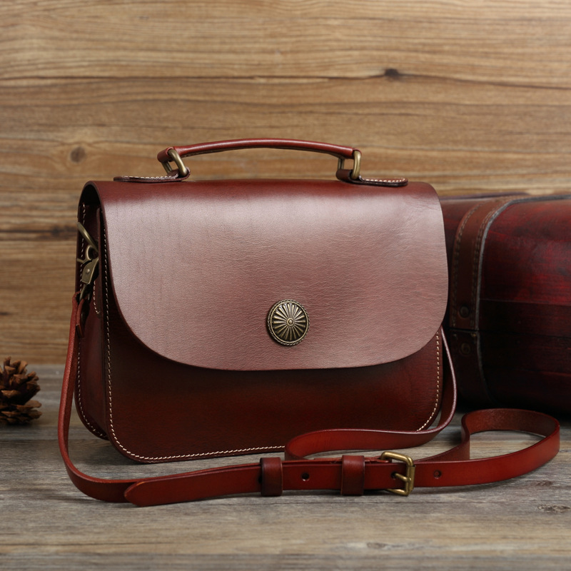 订做款日系复古女士手工单肩包真皮斜挎包树膏皮植鞣皮vintage系