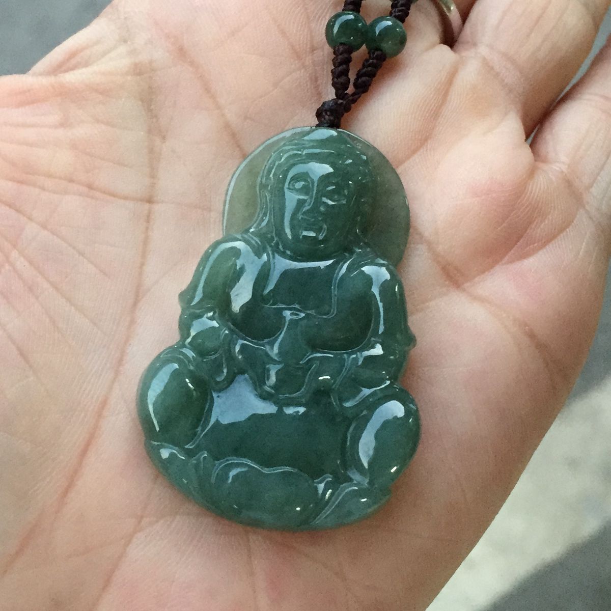 正品天然翡翠玉a货油青色抱瓶观音吊坠纯手工雕刻男女款带证书