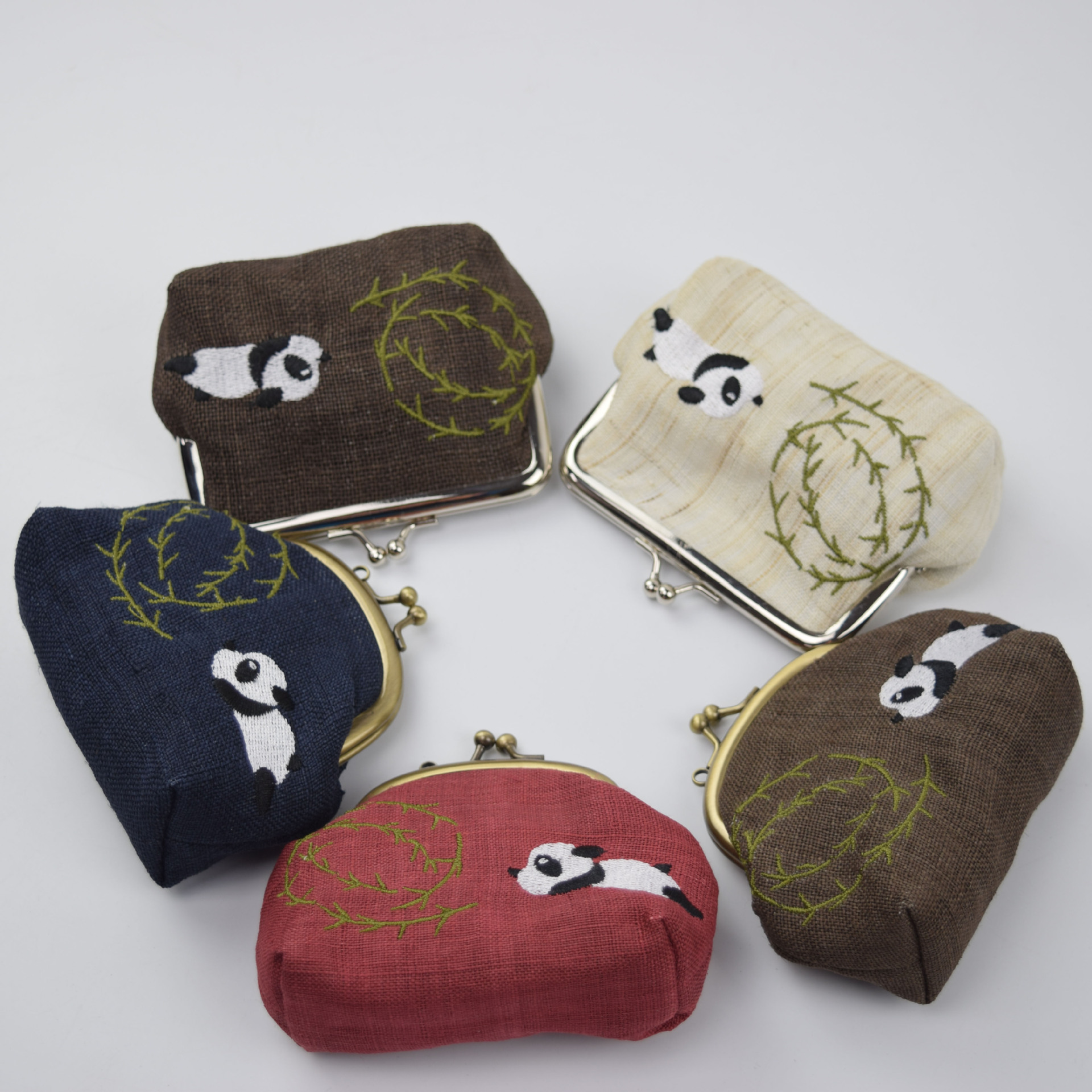 日式双层夏布苎麻女士布艺刺绣熊猫口金包零钱钥匙包卡包