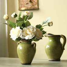 美式田园仿真花套装饰花假花5支茶花绿色陶瓷花瓶餐桌整体花艺