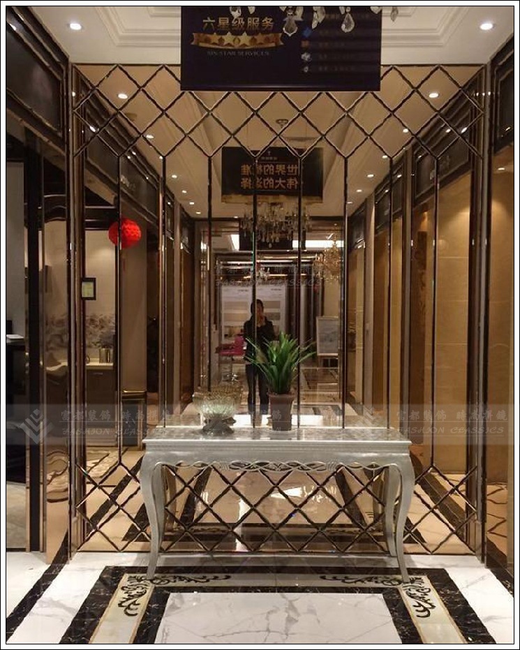 装饰玻璃镜 艺术镜 古铜色背景墙 金茶色镜子 梭子型拼镜