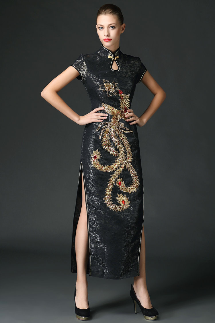 复古唐装高端高开衩重工刺绣凤凰织锦缎长旗袍(货号 yk1115)
