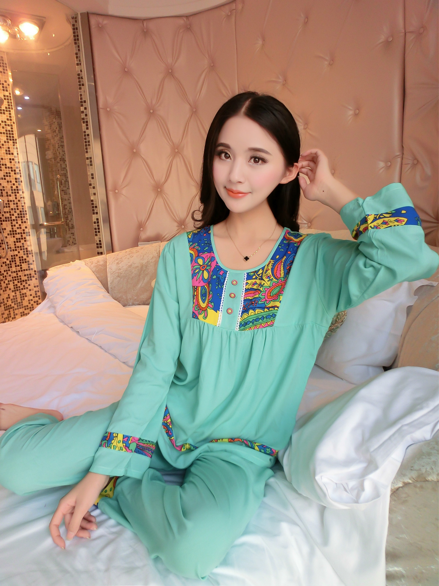 长袖纯色多色女士绸绵绸家居服夏秋季人造棉布睡衣薄款套装空调服