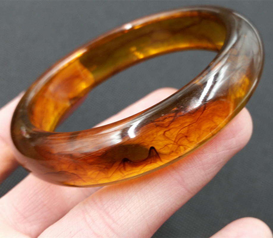 厂家批发 新款冰种金丝玉琥珀手镯 女款大号琥珀蜜蜡手镯