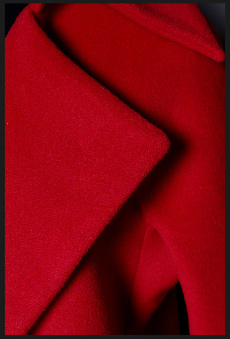 毛呢大衣毛呢大衣女士纯红色两粒扣大翻领中长款厚外套