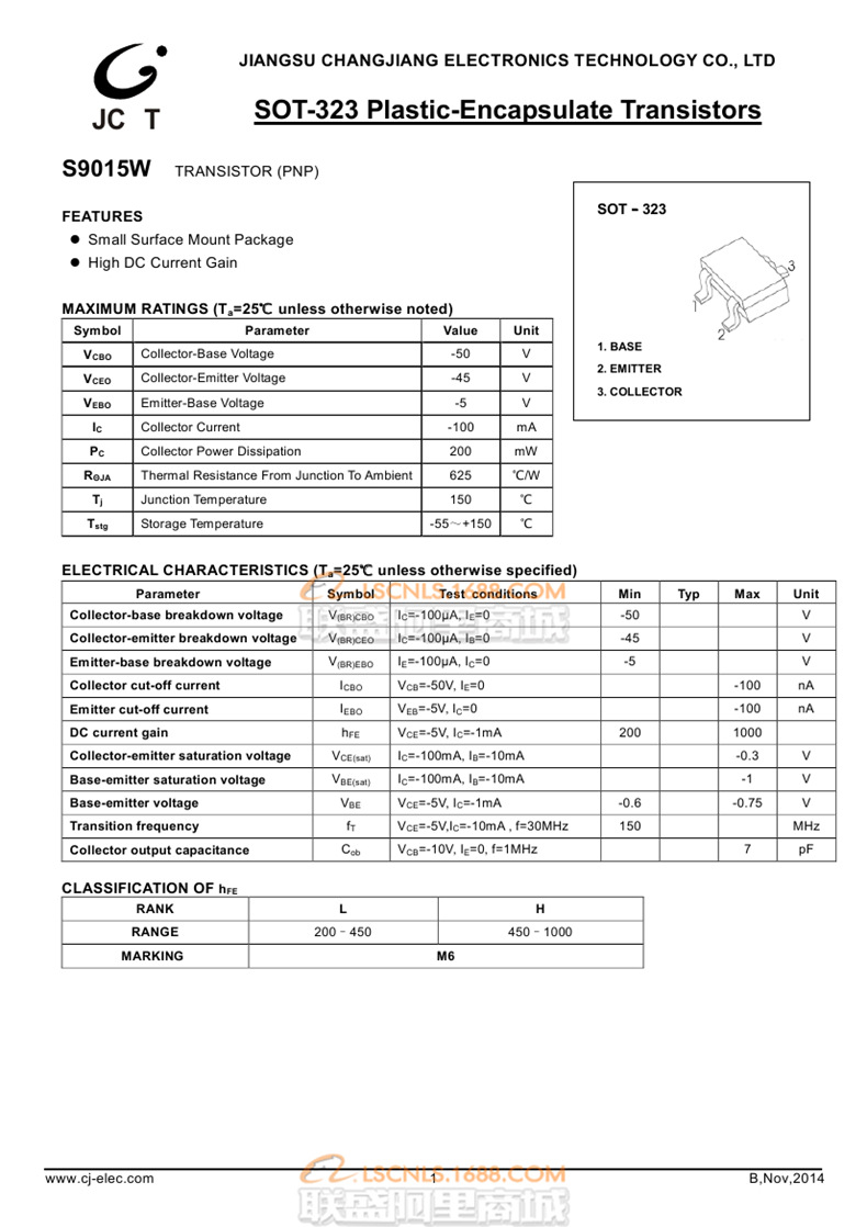 供应s9015w sot-323 丝印m6贴片三极管 长电 晶体管 原装正品