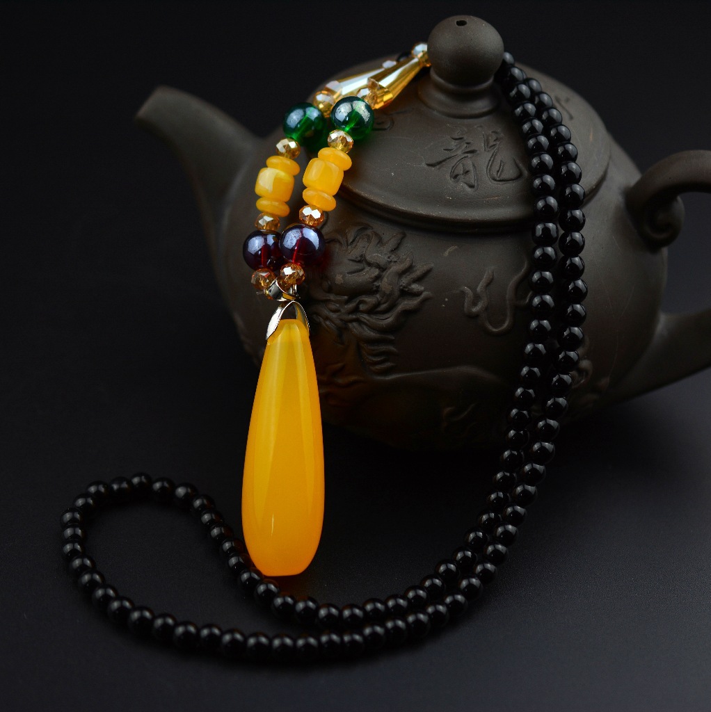 批发仿蜜蜡毛衣链 项链, 蜜蜡吊坠 长款毛衣链-