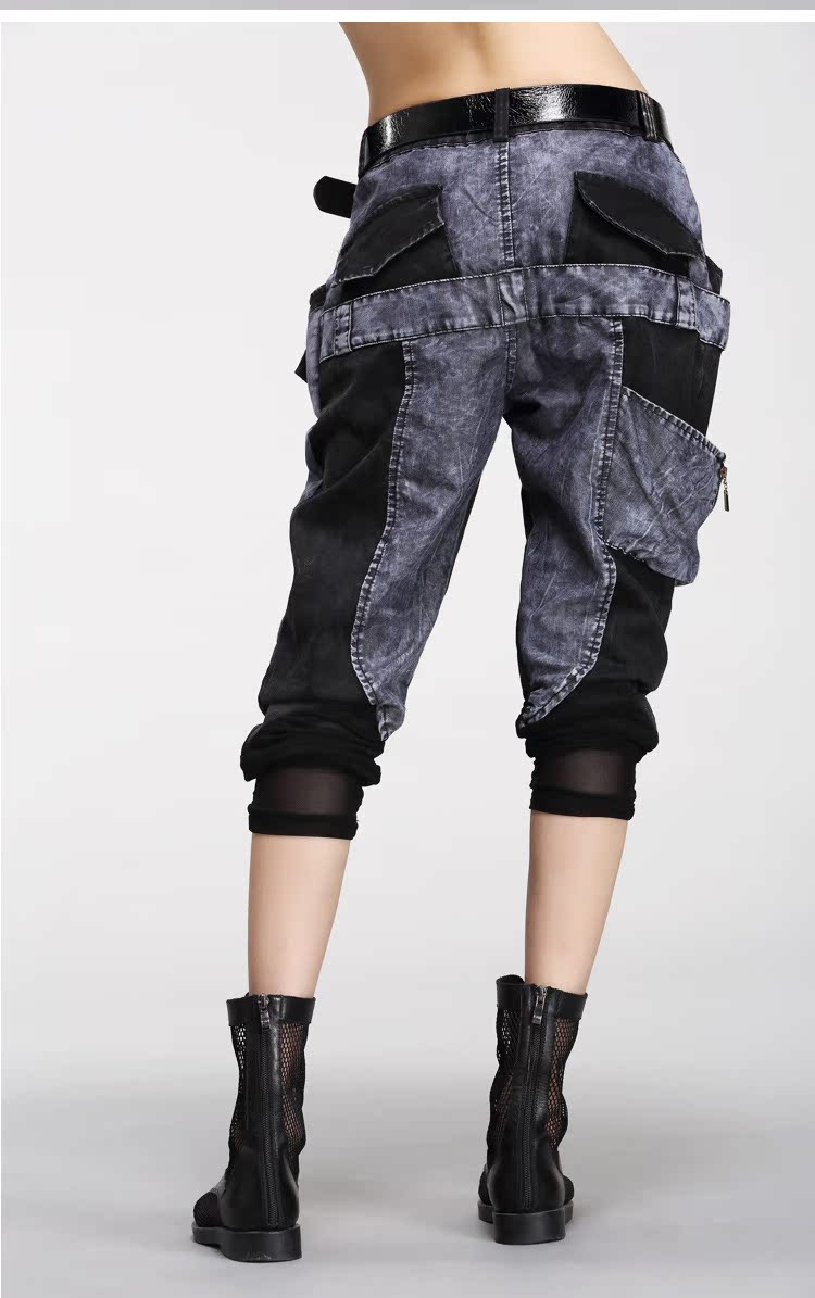 欧洲站夏季牛仔网纱拼接哈伦裤女时尚七分裤女裤7分裤潮款