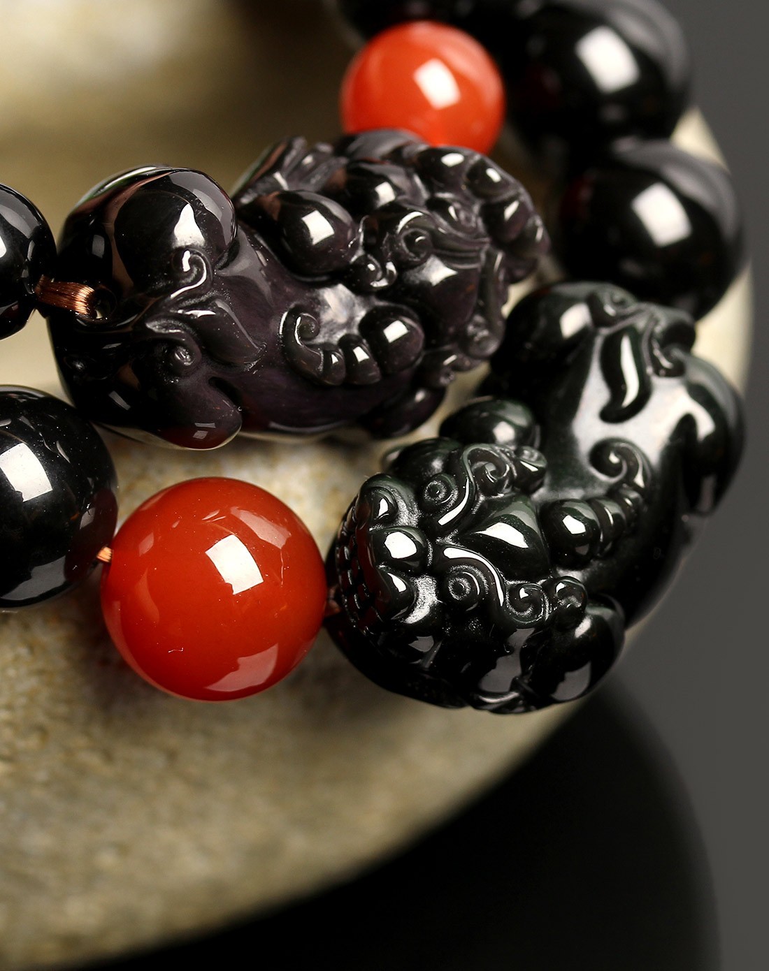 双福天然黑曜石貔貅手链情侣对