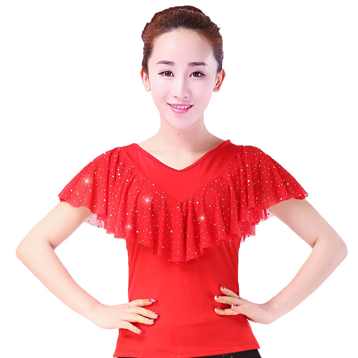 广场舞蹈服装夏季新款短袖双v领上衣亮片演出服广场舞比赛服女