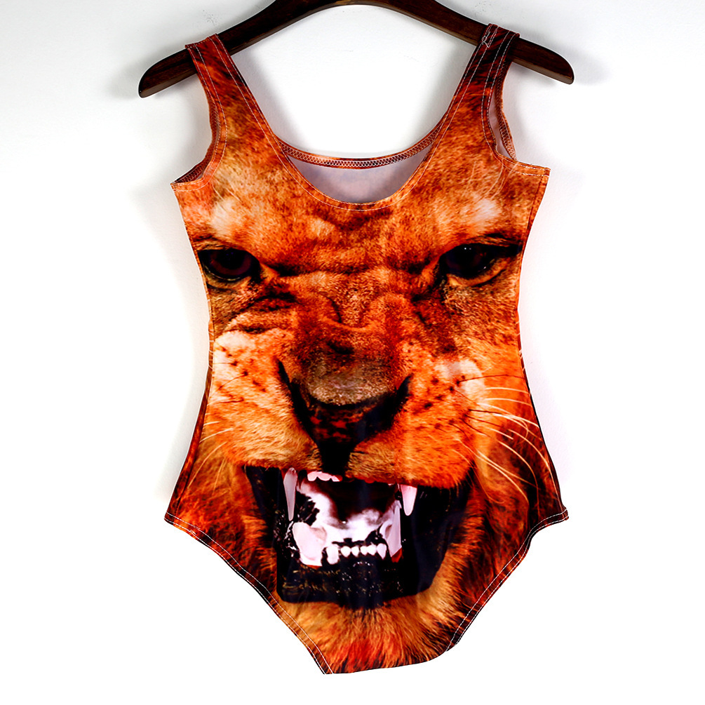 外贸 欧美星空数码印花露齿老虎连体女士泳