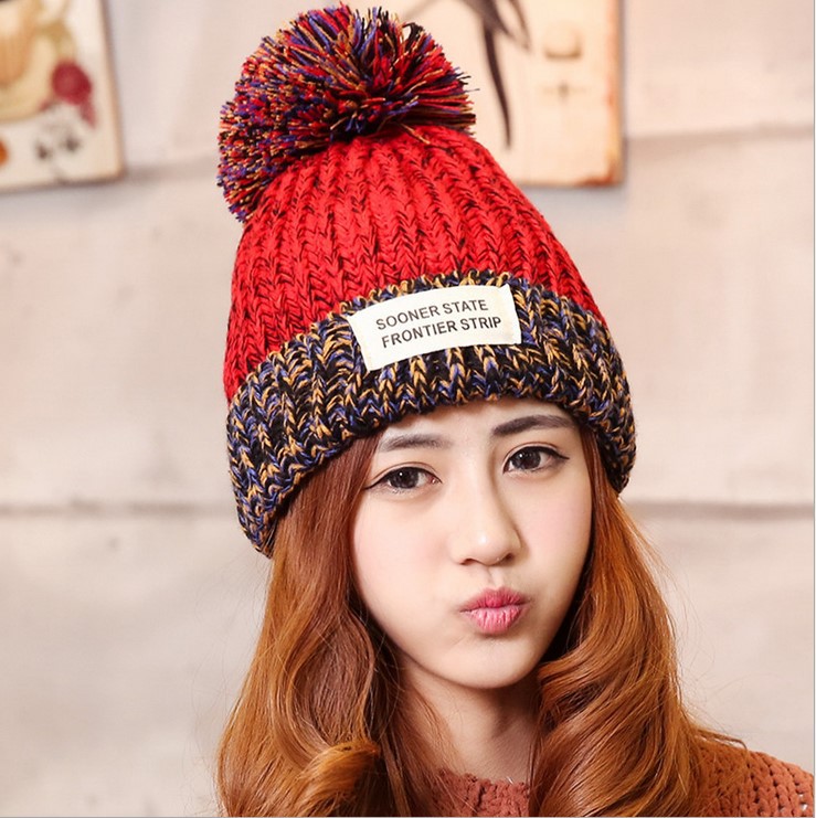 韩国秋冬时尚保暖毛线帽 冬季帽子女韩版可爱混色冬天女帽 布标帽