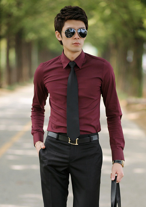 一件代发男士酒红色衬衫男长袖韩版修身商务休闲上班结婚新郎衬衣