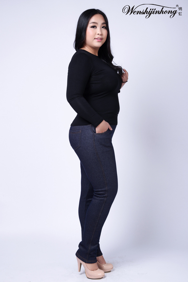 大码加绒加厚牛仔裤 2019秋冬新款仿牛仔胖mm加肥打底裤220斤