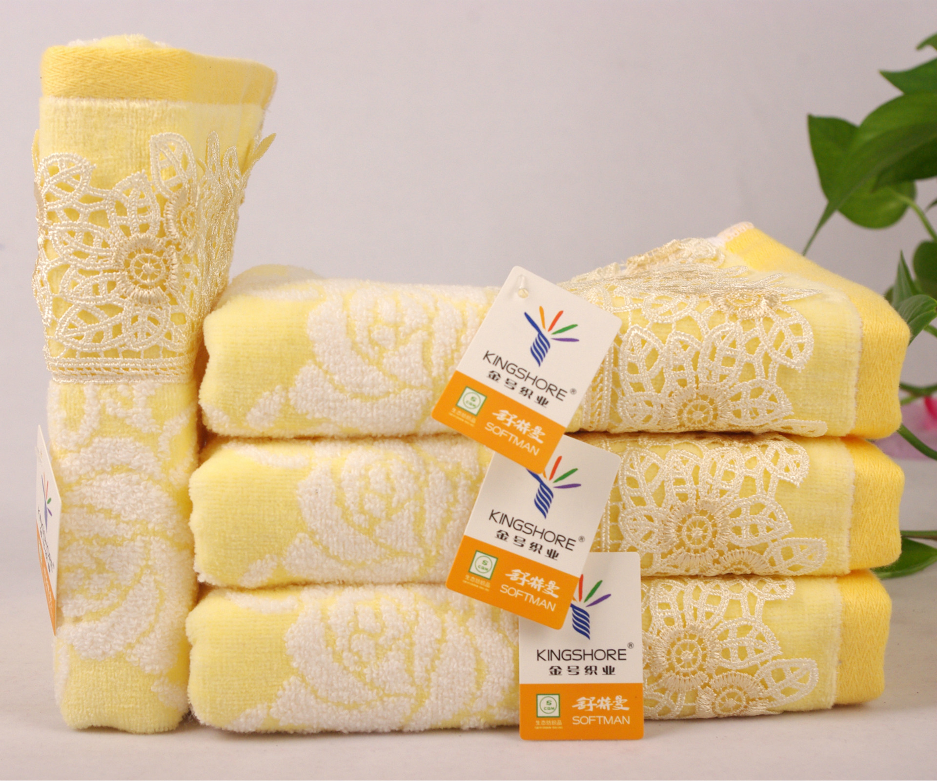 金号舒特曼无捻割绒高档蕾丝花边面巾纯棉割绒柔软毛巾s1072wh