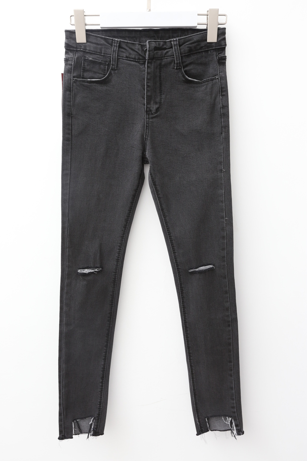 华木子欧洲站秋季新款烟灰色破洞牛仔裤女式个性裤脚小脚裤3208