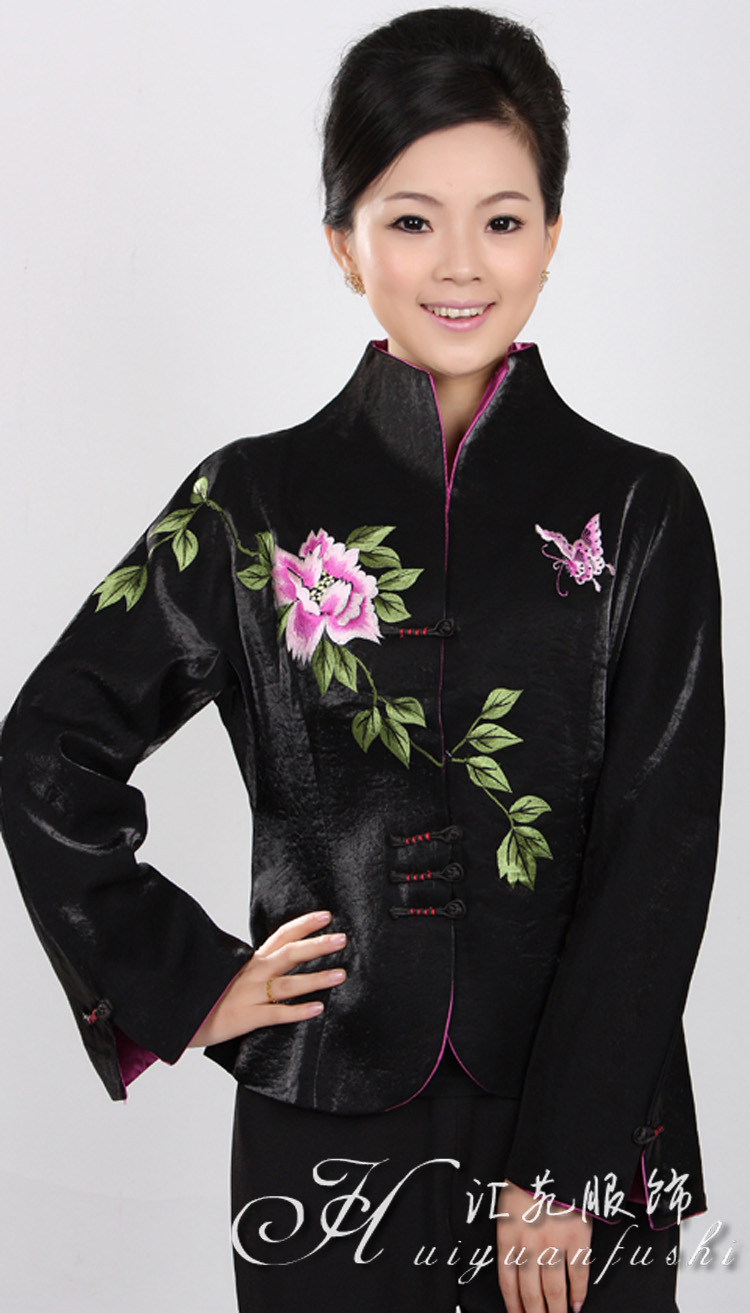 批发供应 秋季新款女士黑色典雅全棉长袖唐