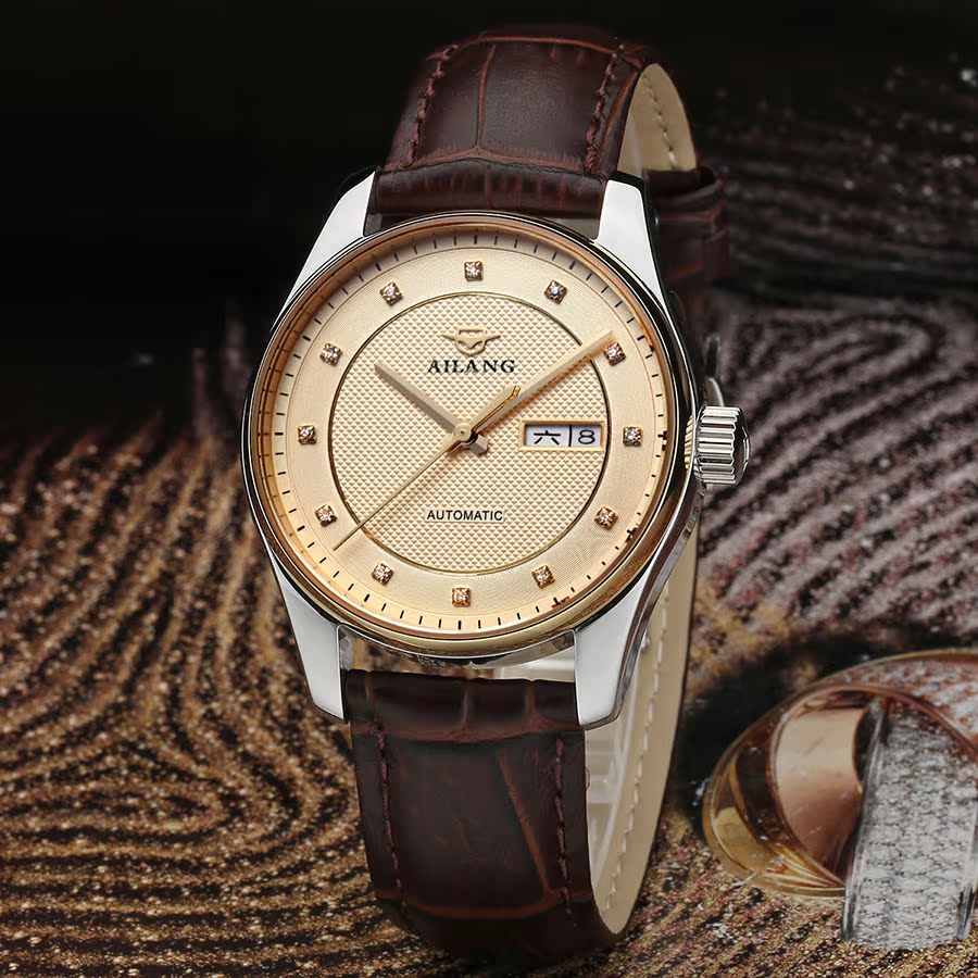 瑞士艾浪6809精钢皮带男士商务双日历机械手表蓝宝石手表批发