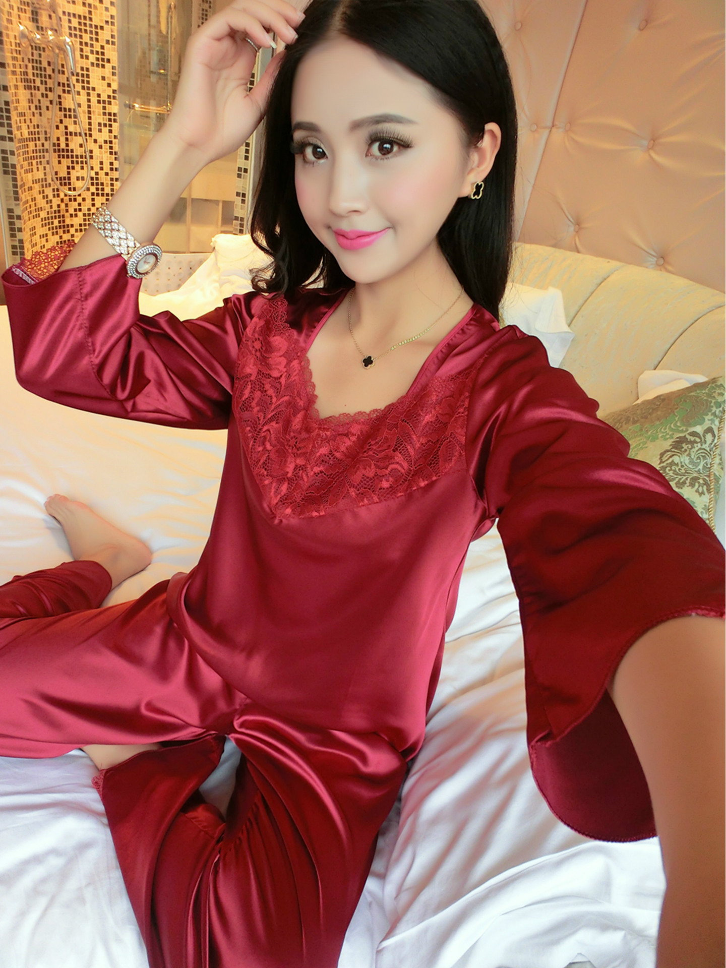 春夏新款女士仿真丝丝绸睡衣套装家居服