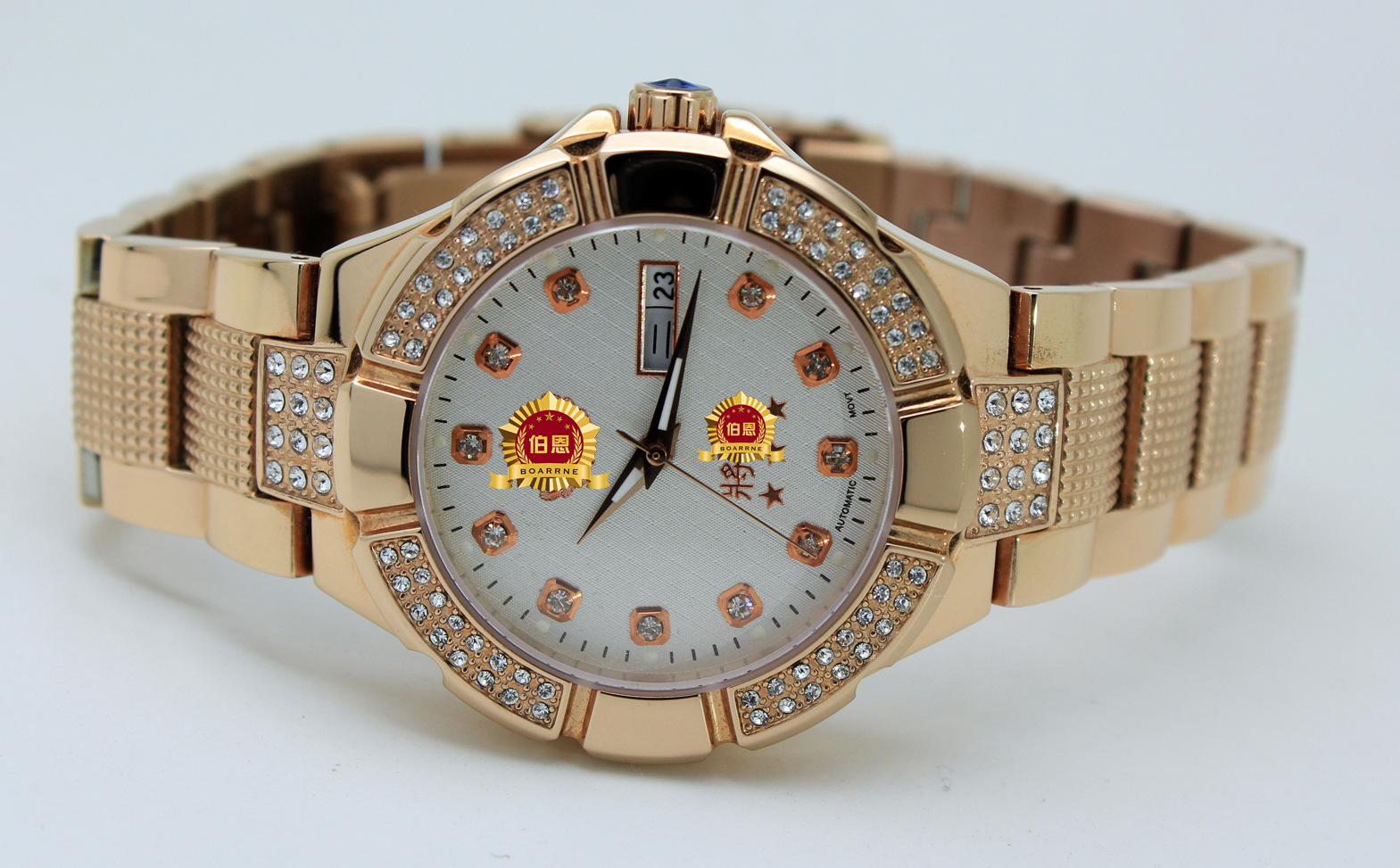 伯恩将军表 全钢自动机械双历玫瑰金蓝宝石镶钻防水手表厂家直销
