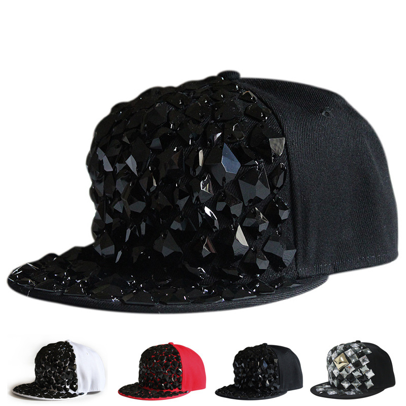 全黑钻铆钉棒球帽可调节男女平沿帽 hiphop嘻哈街舞帽 bboy平板帽