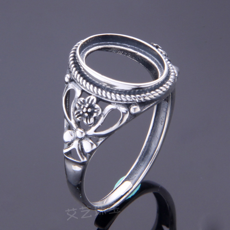 批发925银戒托 泰银蜜蜡宝空托 空花活口复古戒指9*12.