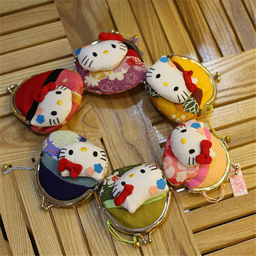 乐喵 日式纯手工布艺招财猫铁夹包kt硬币零钱包女生kitty铁夹包