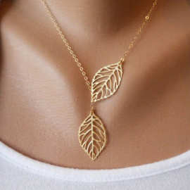 欧美外贸 简单简约森系 金属树叶 双叶子百搭短款项链锁骨链批发
