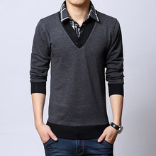 韩版假两件套头长袖男士毛衣秋冬季款 男装 衬衫领针织衫加厚男装