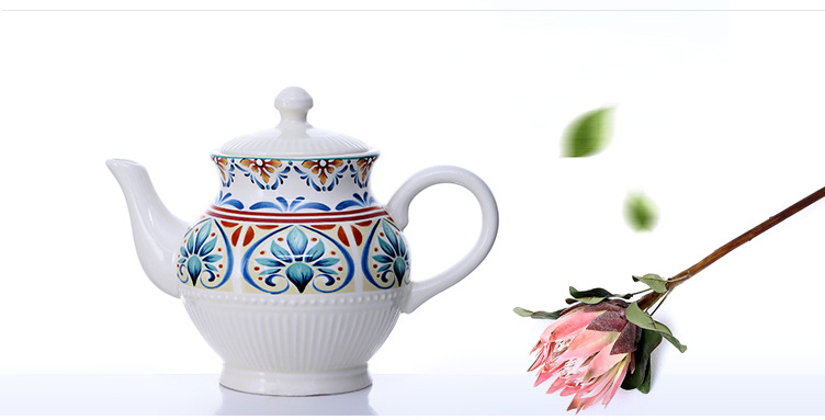 美式拉丁风情茶壶 陶 茶壶 釉下彩陶制花纹茶具 批发 婚庆礼品