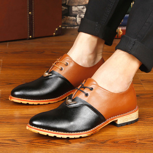 厂家直销2015新款木头跟双色皮革衔接男鞋尖头潮流时尚