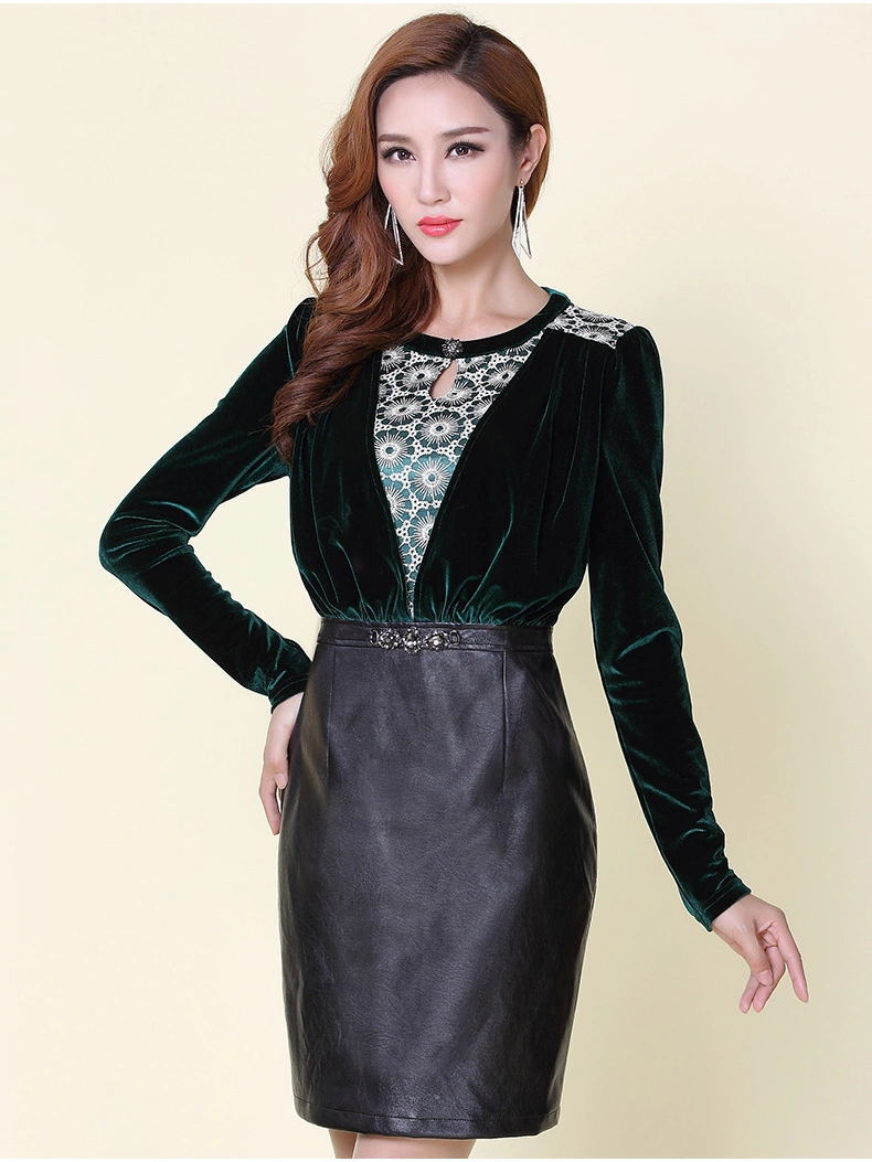 2015秋装新款气质修身v领长袖连衣裙潮打底pu皮裙女秋冬虎门