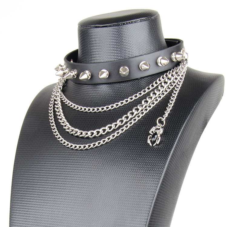 欧美朋克夸张皮项圈非主流潮流达人摇滚尖钉多层皮项链