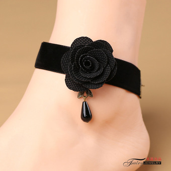 韩国脚饰黑色玫瑰花性感绒布带脚链挂珍珠韩版海滩边脚环批发j026