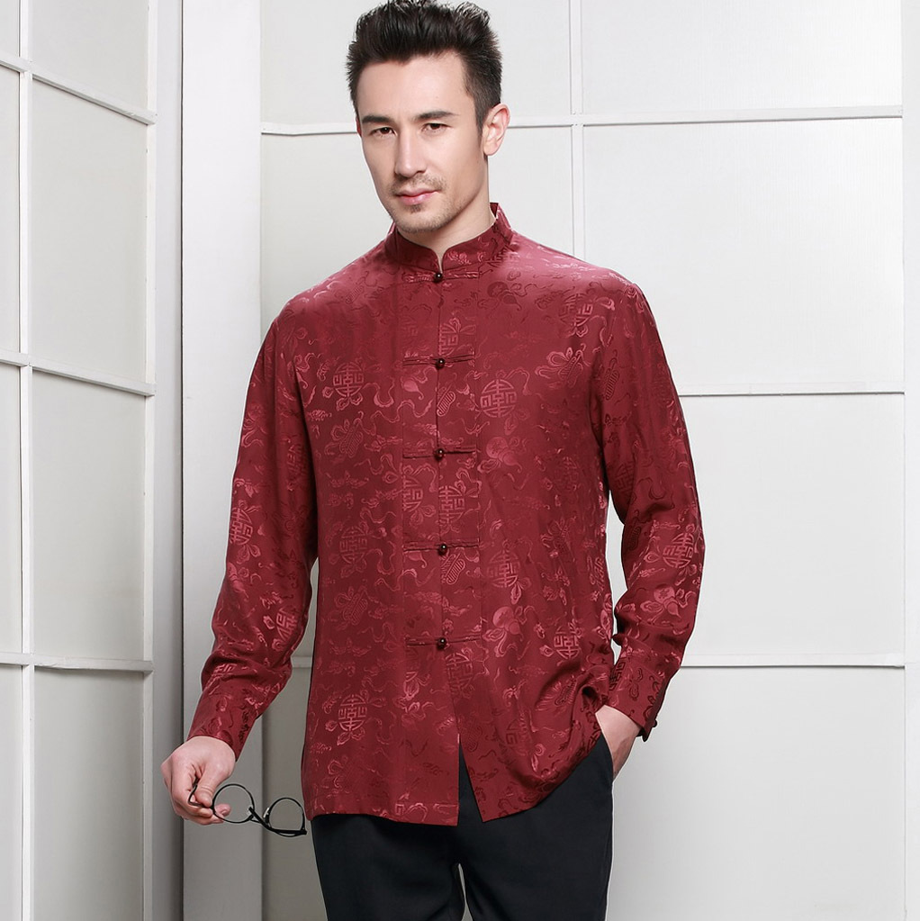 三变钱塘男春夏装重磅真丝桑蚕丝中式中年唐装民族服装长袖衬衫衣