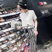 木瓜牛奶夏季新款女装韩版气质显瘦短袖T恤+竖纹时尚休闲潮流套装