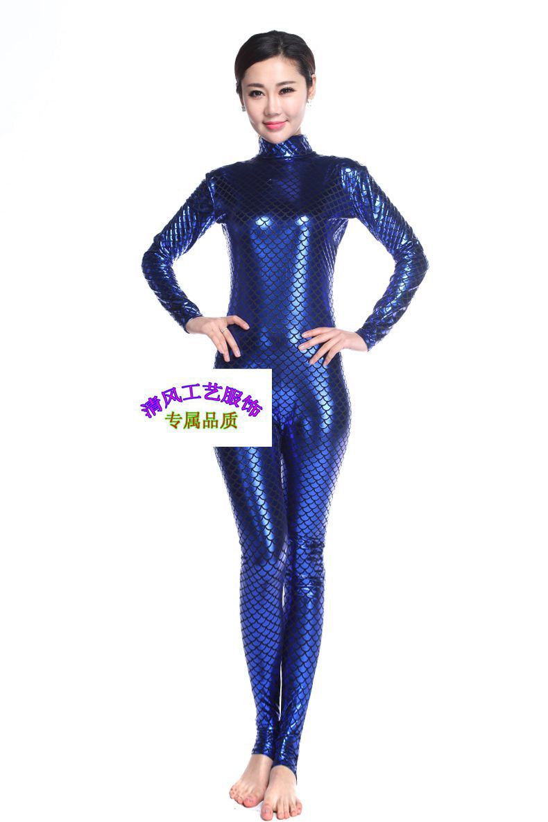 宝蓝鱼鳞连体演出服欧美夜店酒吧歌手dj舞台表演服高弹涂胶半包衣