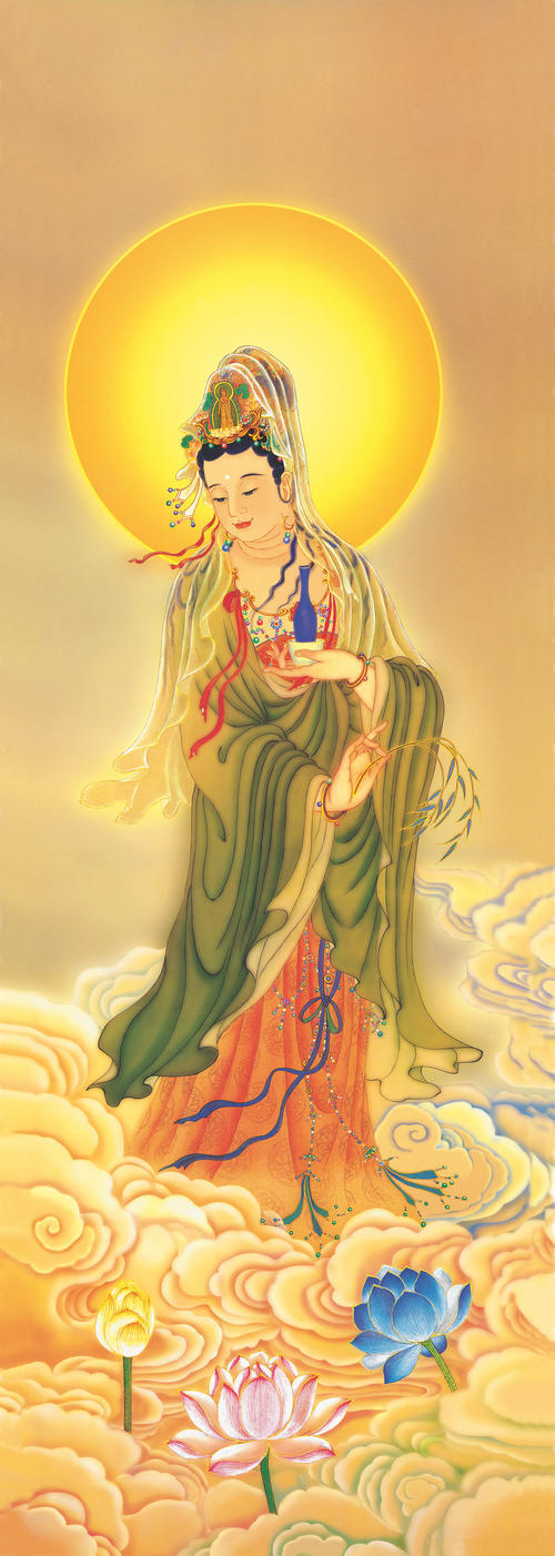 观世音菩萨画像 西方三圣佛像挂画 佛画像 卷轴画 丝绸卷轴画