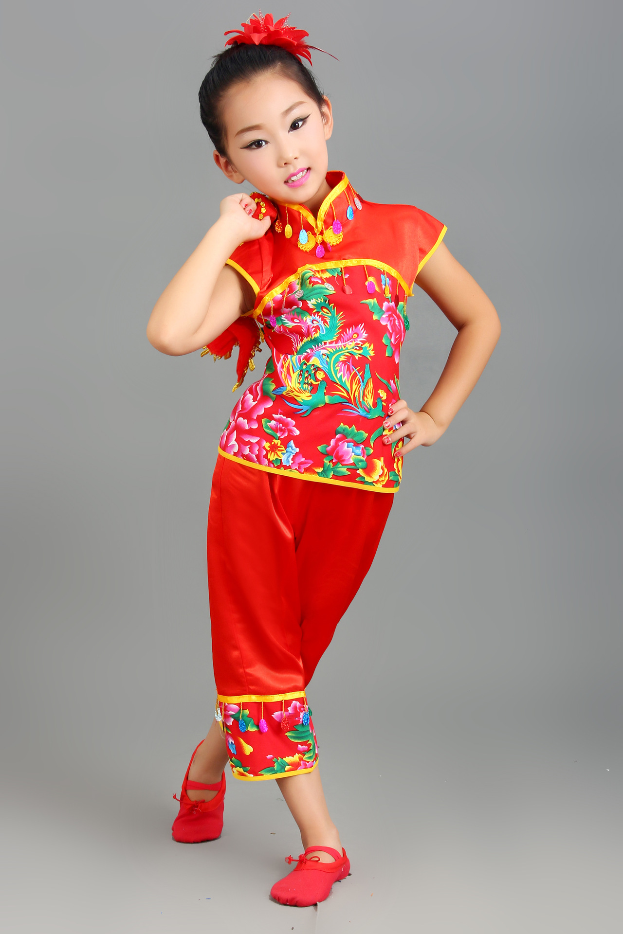 元旦儿童演出服装 喜庆中国结秧歌服 女幼