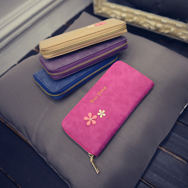 磨砂小花钱包 秋冬新款女士长款拉链钱包手拿包可爱零钱包包