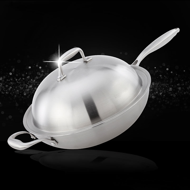 五层不锈钢无油烟炒锅 不锈钢炒锅无涂层电磁炉通用不粘锅具