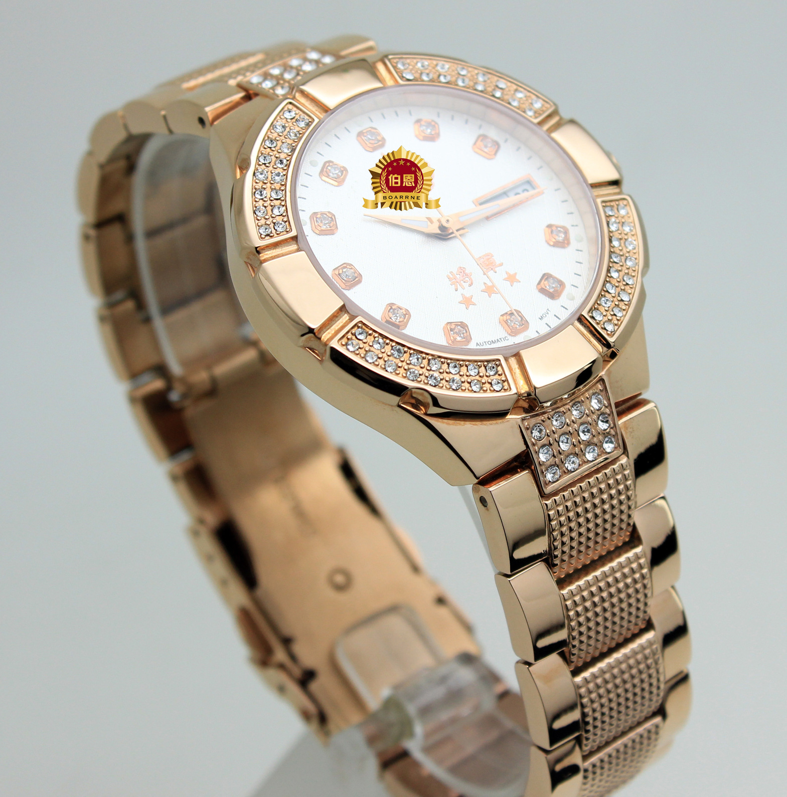 伯恩将军表 全钢自动机械双历玫瑰金蓝宝石镶钻防水手表厂家直销